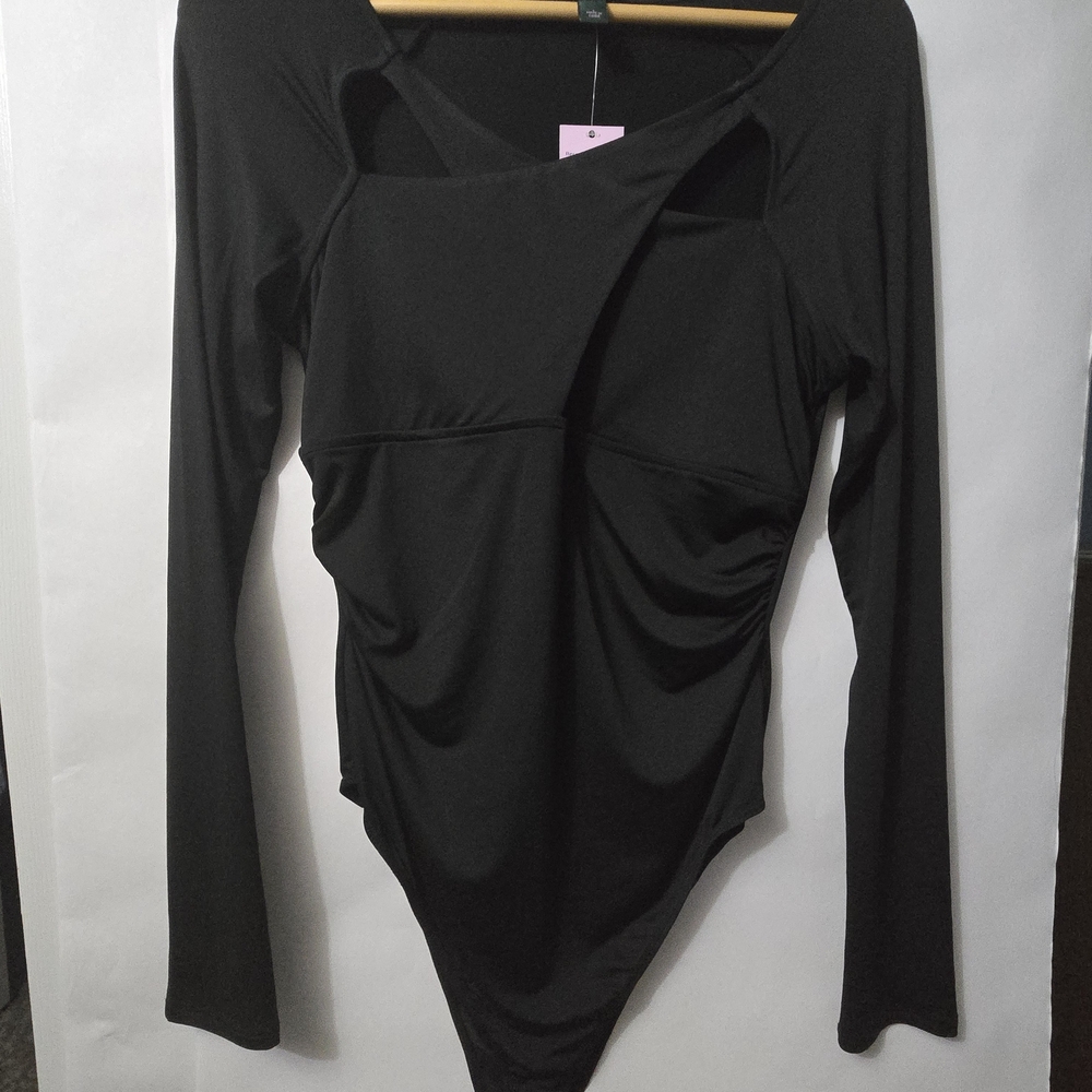 Wild Fable Black Asymmetrical Ruched Bodysuit